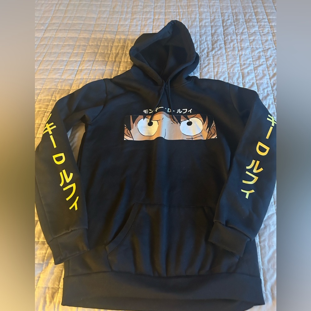 Anime Graphic “One Piece” Black Hoodie with  Yellow Text
